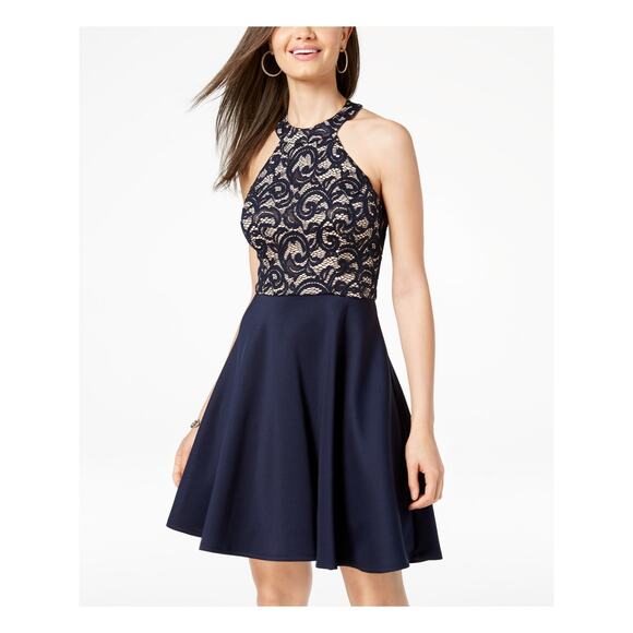 B Darlin Navy Blue Lace Strappy Halter Glitter Fit & Flare Dress Junior's 7/8 - Picture 1 of 9